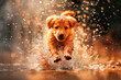 An adorable puppy jumping in the puddle with water splashing around.