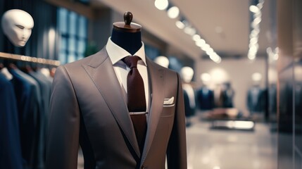 Elegant men's suit on a mannequin in a boutique. The suit is complemented with a tie and a pocket handkerchief. In the background you can see other suits neatly hung on hangers.