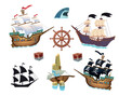Big set of pirates with islands, ships, barrels, chests. Set of elements for the game. Cartoon, vector.