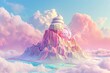 a big sugary ice cream on a surreal rock  on a pinky pastel landscape background, 