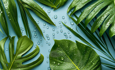 Wall Mural - Tropical Leaves Against Blue Background