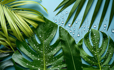 Wall Mural - Tropical Leaves Against Blue Background