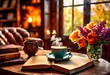 illustration, cozy cafe person engrossed book portrait, reading, atmosphere, indoor, scene, relaxing, leisure, comfortable, peaceful, quiet, tranquil