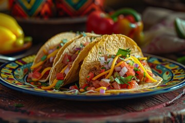 Wall Mural - Three delicious tacos arranged on a colorful plate sitting on a table in a rustic setting