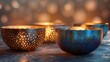 Enchanting Candlelight Glow from Decorative Pierced Metal Bowls on Festive Background.