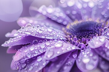 Wall Mural - A close-up view of a purple flower covered in glistening water droplets, highlighting its natural beauty and vibrant color