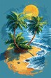 This AI-generated vector art captures a peaceful tropical sunset, where palms silhouette against a pastel sky by the beach.