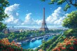 A sunny riverside view of the Eiffel Tower surrounded by blooming flowers in this AI Generated peaceful cityscape.