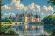 An AI Generated vector illustration showcasing Château de Chambord beside a tranquil river under a cloudy sky.