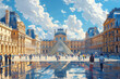 AI-generated vector scene of the bustling Louvre courtyard on a sunny day, filled with visitors and reflections on the ground