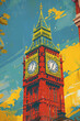 A bold vector illustration showcases Big Ben amidst autumn leaves, infused with yellow and blue tones to suggest the changing seasons, denoted as AI Generated.