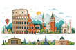 A spirited vector collage featuring Italian landmarks, creating an adventurous travel scene, AI Generated