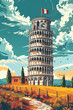 AI-generated vector illustration depicting the Leaning Tower of Pisa amidst golden fields under a dynamic sky, AI Generated.