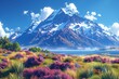 Stunning vector artwork of New Zealand's majestic mountain range with vibrant flora. AI Generated