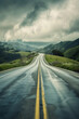 An AI Generated scene capturing the essence of a journey along a rain-slicked road meandering through lush hills