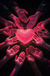 Multiple hands unite to form a radiant heart, set against a dark backdrop, illustrating collective caregiving. AI Generated
