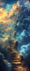 Canvas Print - a long, winding staircase is shown in the sky, with clouds of different colors