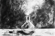 Mysterious smoke in glass flask on abstract background