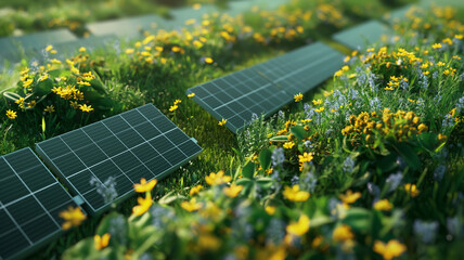 Wall Mural - A field of flowers with solar panels in the background