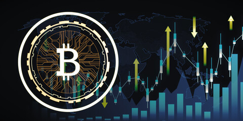 Wall Mural - creative glowing digital bitcoin on dark tech backdrop with forex chart and arrows. broker and futur
