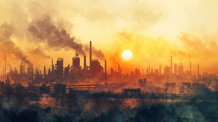 Wall Mural - A city skyline with a large factory in the background