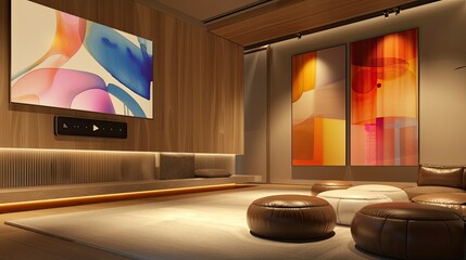 Wall Mural - A sleek living room with a built-in virtual assistant for ambiance control, a wall of abstract canvas art, and a set of leather floor poufs