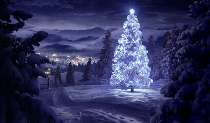 Christmas tree illuminated in the forest in winter