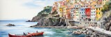 Fototapeta Londyn - Peaceful fishing village riomaggiore cliffside colorful buildings cinque terre coast. Italian mediterranean europe