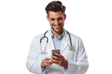 Cheerful young doctor in white coat smiling while looking at screen of his phone on isolated transparent background