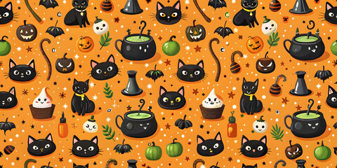 Halloween seamless pattern with black cats, witch's cauldron, pumpkins, candies and sweets.