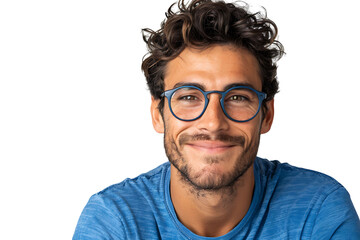 smiling attractive man in blue t-shirt and trendy eyeglasses on isolated transparent background