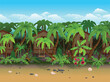 Island beach with bungalows and palm trees. Side view, game background.

