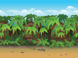 Island beach with bungalows and palm trees. Side view, game background.