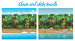 A dirty beach with garbage and a clean beach. concept of garbage collection, ecology. Island beach with bungalows and palm trees. Side view, game background.