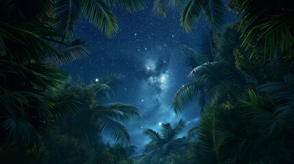 Wall Mural - A starry night sky with palm trees in the foreground