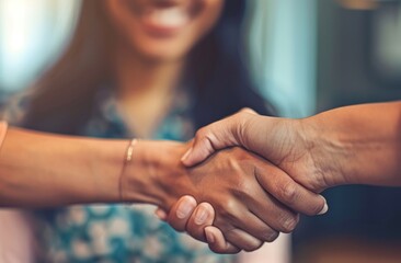 A man and a woman are exchanging a handshake across a sturdy table, showcasing their wrist movements and finger alignment