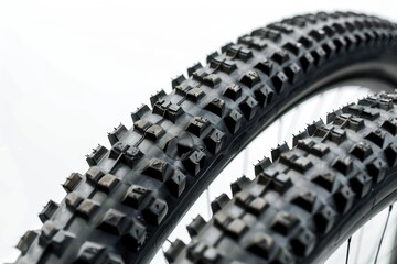 close up view of two bicycle tyres, studio shot isolated on white background