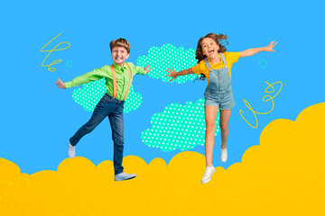 Poster - Composite photo collage of happy small boy girl jump together summer holiday school weekend students isolated on painted background