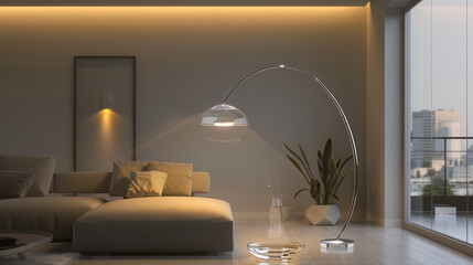 Wall Mural - Soft glow from a nickel-finished lamp in a minimalist room.