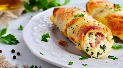 Wall Mural -  roll from chicken fillet, filled with cheese and ham, on plate 