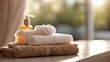 Soap, towel in bathroom, on blurred spa background, with copy space, banner