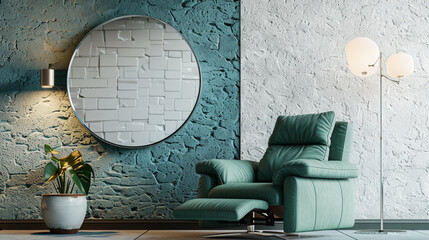 Wall Mural - Restful living room with a sea green recliner and cobalt blue wall, including a nickel mirror and modern lamp.