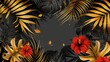 This beautiful botanical design features tropical jungle leaves, exotic red flowers, and a golden smear on dark gray background. Suitable for wedding ceremony invitation cards or holiday sales.
