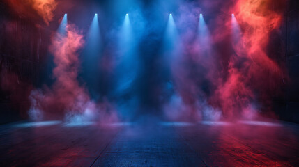 Canvas Print - A dark room with red and blue lights and smoke