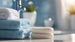 Blue towel and soap in blue white bathroom, on blurred spa background. with copy space, banner
