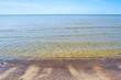 Seascape. Sandy beach. Calm at sea. Clear water.