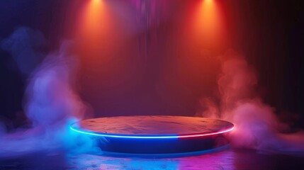 Wall Mural - Round podium with smoke effect and spotlight illumination, empty stage for award ceremony, product presentation or fashion show performance, pedestal in night club. Realistic modern illustration.