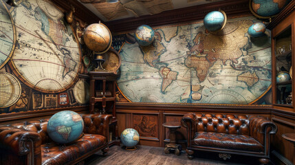 Wall Mural - Traditional map room featuring aged wall murals of the world, classic globes, and leather furnishings.