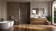 A stunning 3D rendering of a modern home bathroom ,with walls painted in white paint brown Parquet Flooring digital art .