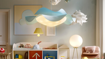 Wall Mural - Oversized light blue paper shade pendant floating in a playful playroom.